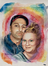 Load image into Gallery viewer, 16x20, 2 people’s faces, custom painting, painting from photo, couple, portrait, couple portrait, watercolor portrait
