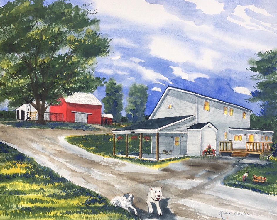 20x24, farm, homestead, watercolor, custom painting, city street
