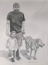 Load image into Gallery viewer, 11x14, group full body drawing, photo to drawing, people and pets, group drawing, custom made, pencil, portraits
