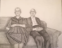 Load image into Gallery viewer, 9x12, 2 people full body, Pencil drawing, drawing of a couple, person and a pet, people drawing, pencil portrait
