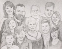 Load image into Gallery viewer, 11x14, group of faces, Drawing from photo, group portrait, pencil portrait, heads and shoulders
