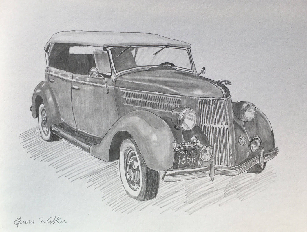 custom drawing, drawing from photo, car, truck, 9x12, drawing of a car